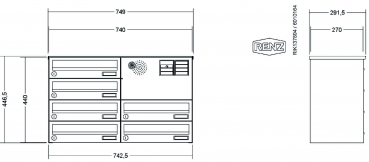 RENZ Briefkastenanlage Aufputz, Verkleidung Basic B, Kastenformat 370x110x270mm, 6-teilig, Vorbereitung Gegensprechanlage